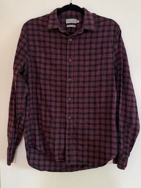 Vince Men's Burgundy and Black Plaid 100% cotton sz small Button-Down Shirt